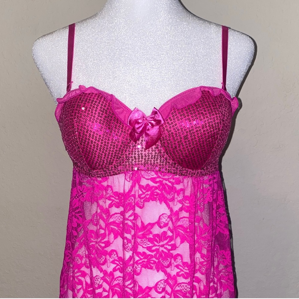 Vintage Pink Sequin Babydoll Slip dress with thong. Size Medium. - Picture 1 of 6